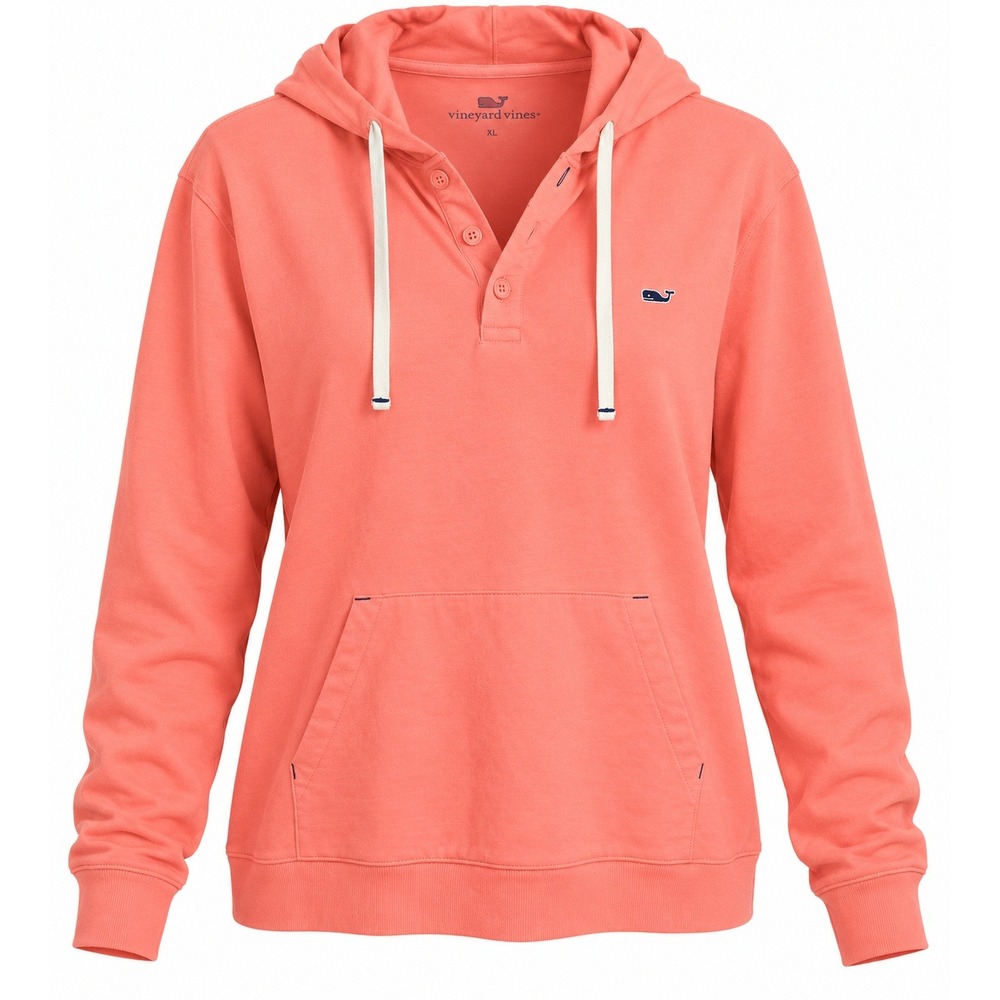 Vineyard Vines Hoodie XL Pink Coral Cotton Henley Pullover Whale Logo Coastal